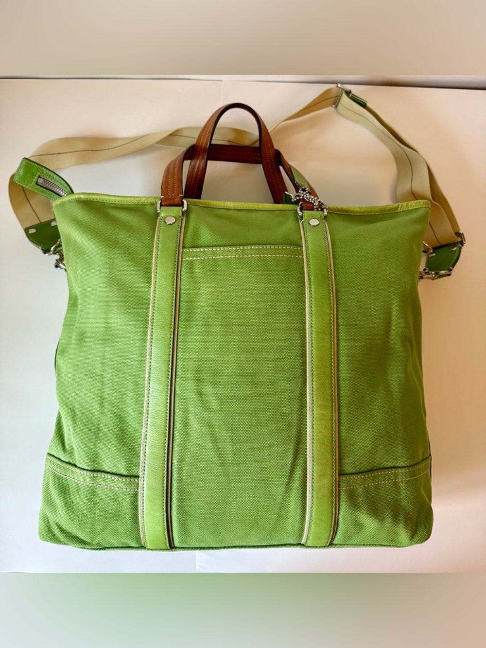 Coach Green Canvas Tote with Brown Leather Handles & Crossbody Strap